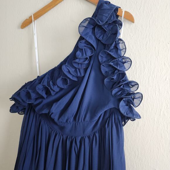 NEW Lulus Splendid Charisma Navy Ruffled Pleated One Shoulder Midi Dress - Picture 6 of 16
